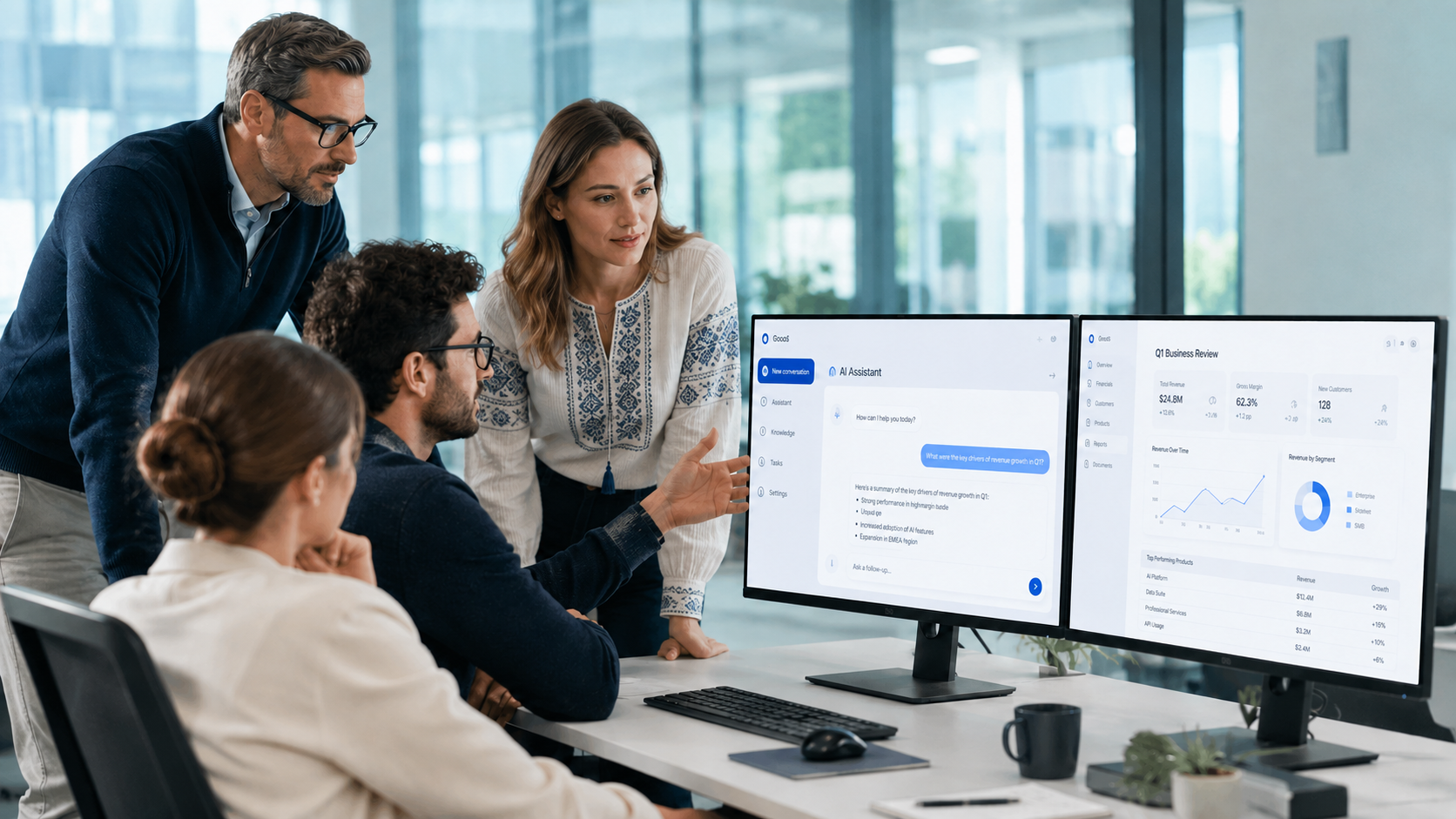 Команда обговорює AI-рішення для бізнесу біля екранів з аналітикою